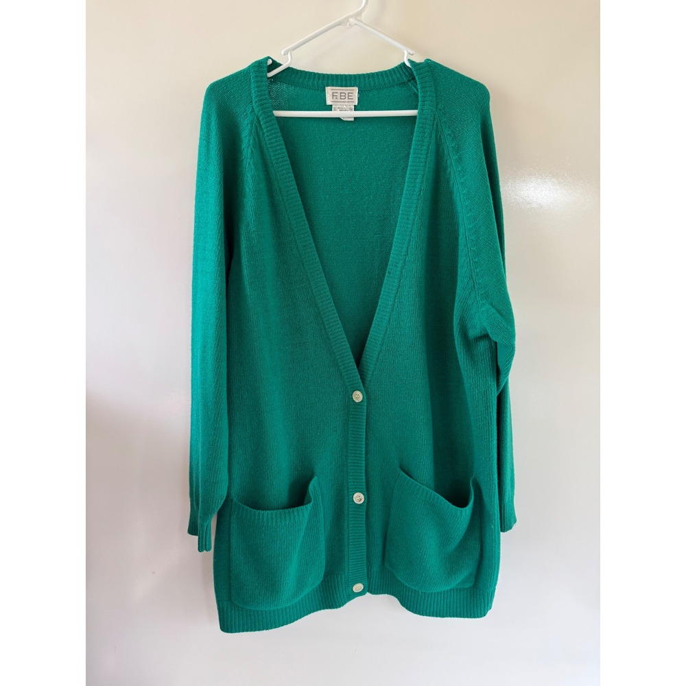 Vintage FABE Kelly Green Lambswool Blend V-Neck Button Front Cardigan Sweater M